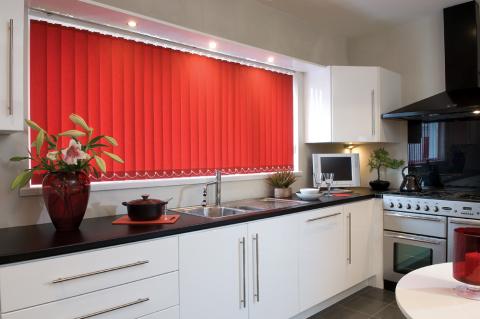 Kitchen vertical blinds made to measure by Norwich Sunblinds. Fabric sourced from RAirwin.