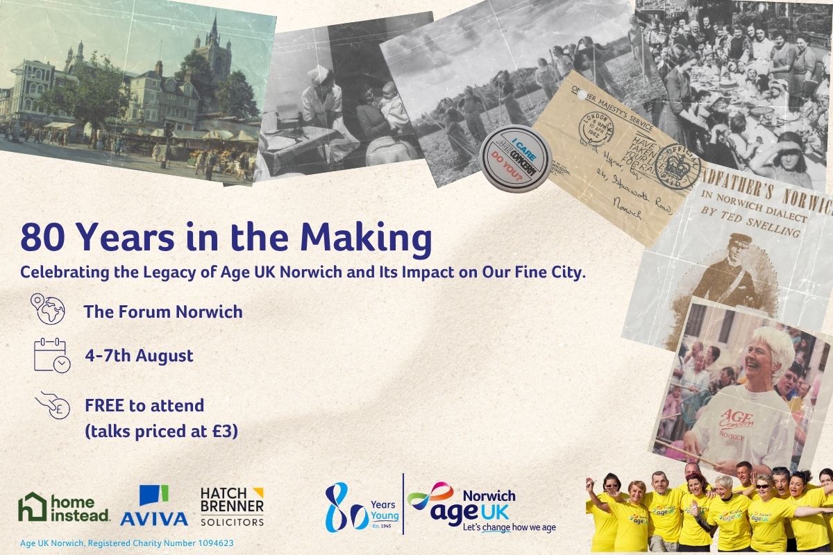 A vibrant yellow poster with black text and a small black and white photo in the top left corner. The photo shows an older person from the chest up, smiling and looking to the left. The text on the poster reads: "SPONSOR A PIECE OF HISTORY - Make a lasting impact and help us preserve our incredible 80-year archive. Sponsor a piece of history, tell your story and leave a legacy. Find out more: ageuknorwich.org.uk/80years #80years #ageuknorwich".
