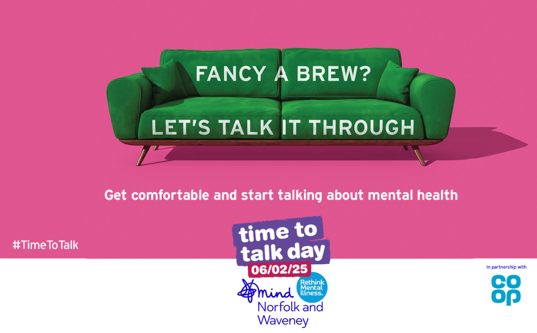 Time To Talk Day - 6th February 2025. Get comfortable and start talking about mental health. Image of a sofa printed with the phrase 