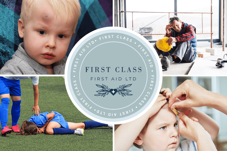 Images of casualties suffering from a head injury, the First Class First Aid logo is in the centre