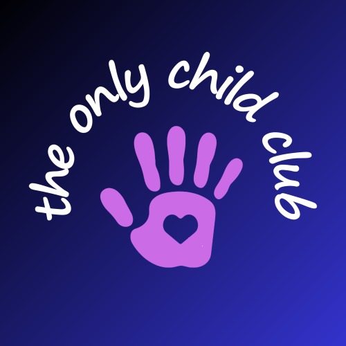 A pink hand print with a heart in the centre against a dark blue background. The Only Child Club is written in an arch over the top of the hand. 
