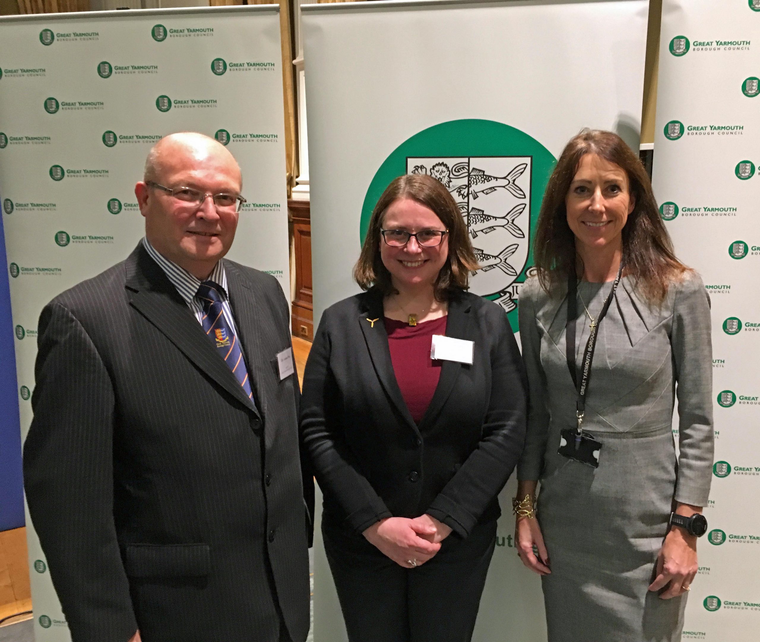 Cllr Graham Plant, leader of Great Yarmouth Borough Council, and Sheila Oxtoby, the council’s chief executive, with Danielle Lane (middle), Head of Country at Vattenfall, at the Leader