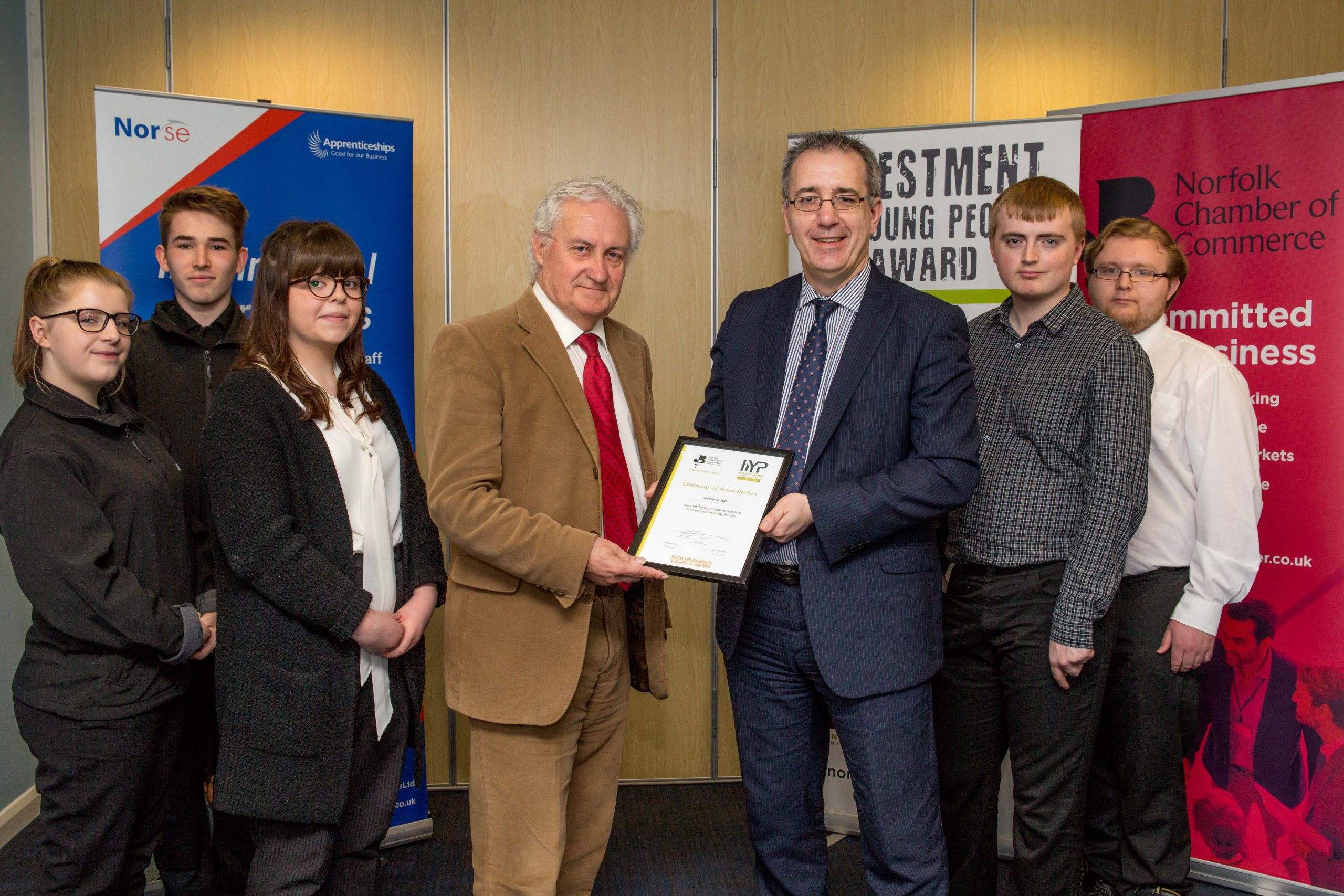 Nm Jonathan Cage President Norfolk Chamber Presents Norse Board Member George Nobbs With The Investors In Young People Accreditation.jpg