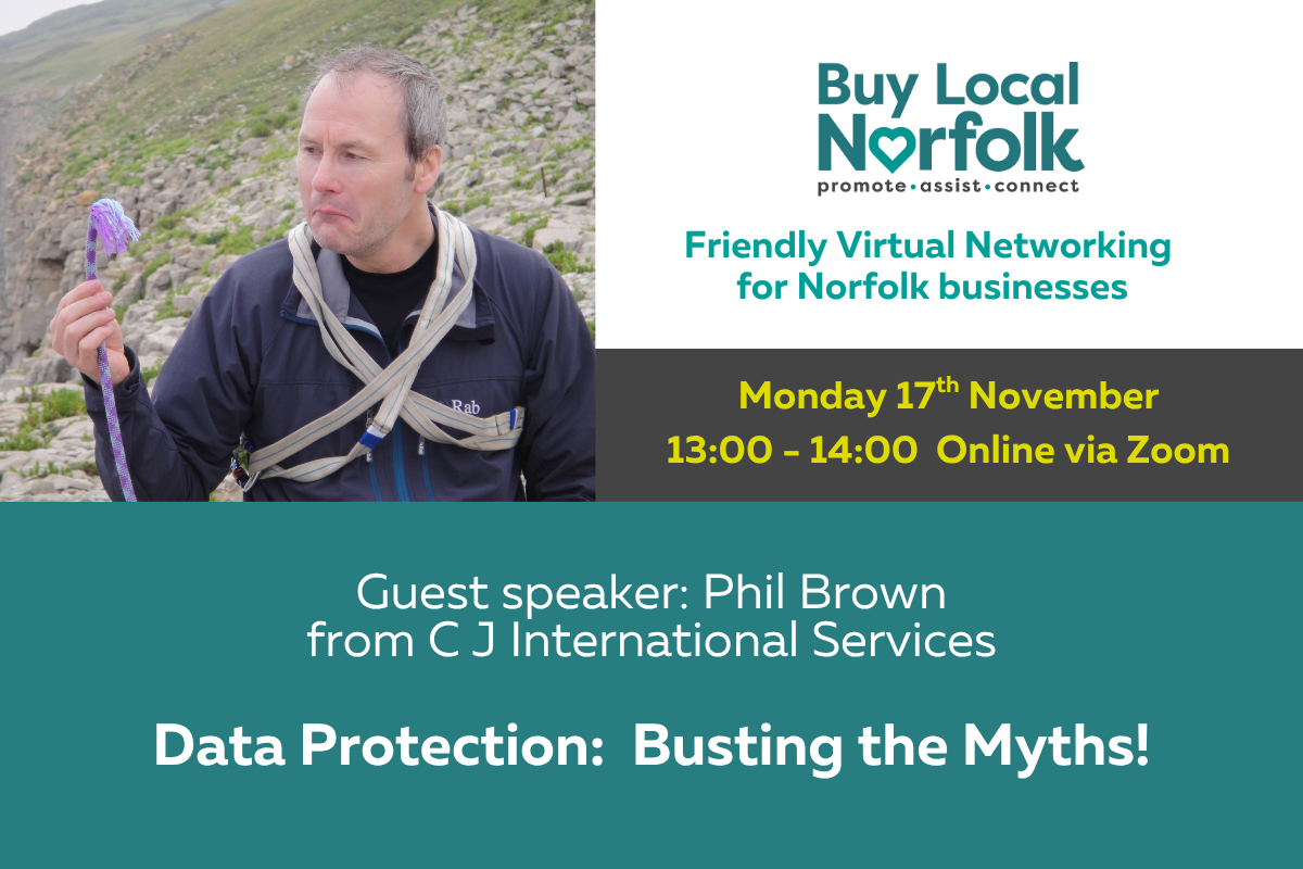 Buy Local Norfolk branding with text stating the title, date and times of the virtual event, alongside a picture of guest speaker Phil Brown on a hillside holding a rope that is broken