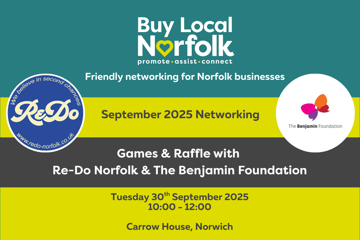 Buy Local Norfolk branding alongside logos for The Benjamin Foundation and ReDo Norfolk, including event details