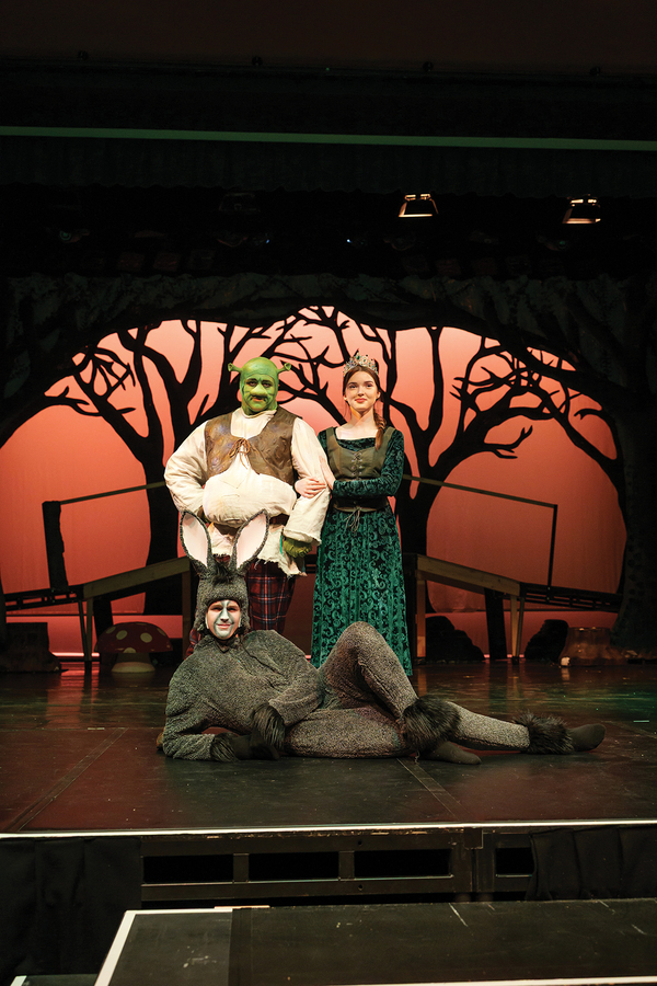 There are the characters, Shrek, Fiona and Donkey posing in front of a red background on stage. 