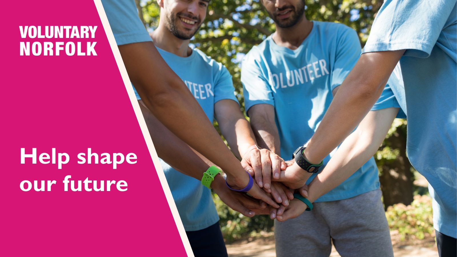 Close up image of people with volunteer t-shirts and hands together in a circle, with the wording 