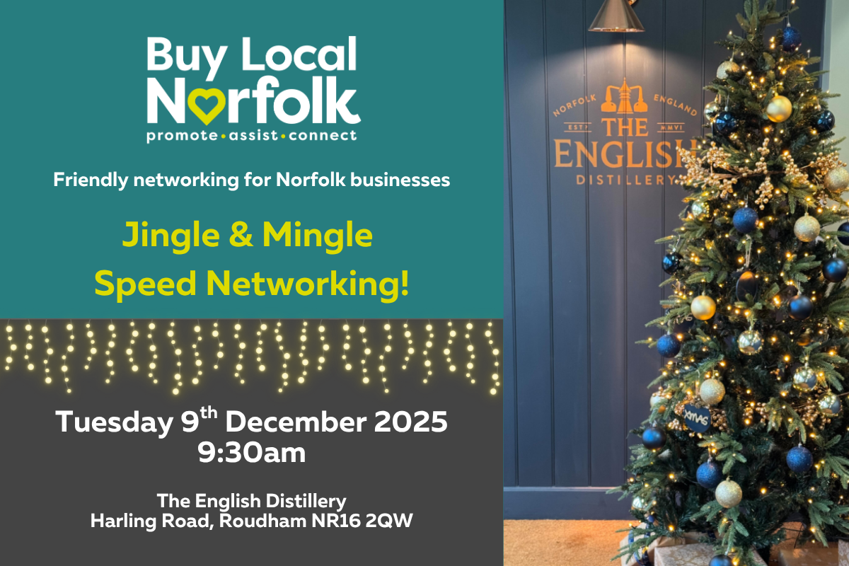 Buy Local Norfolk branding with text stating the title, date, time and location of the event, alongside a photograph of a Christmas tree covered in blue and silver baubles and lights, in front of The English Distillery logo on a blue wall
