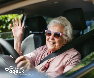 Older lady behind the drivers wheel 