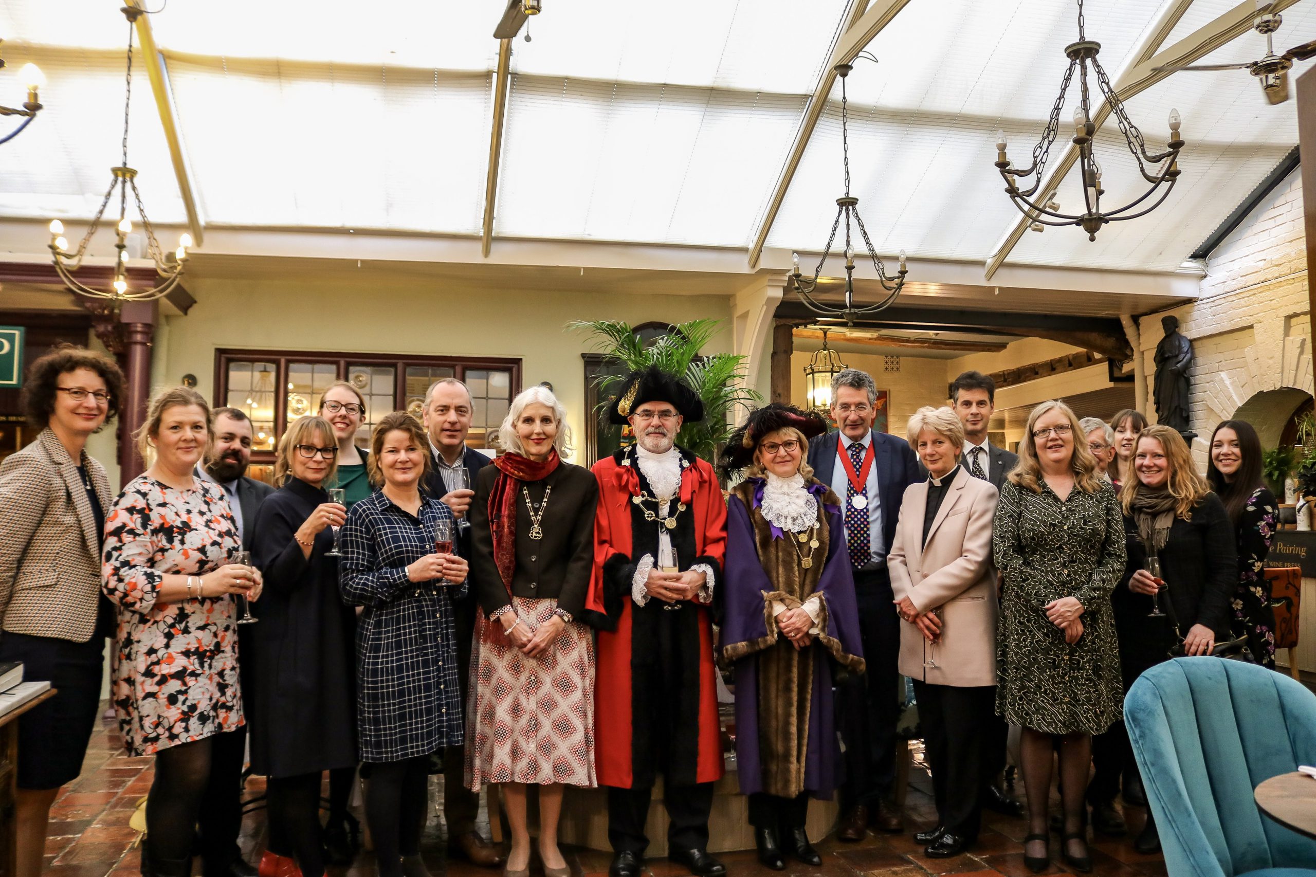 Lord Mayor of Norwich, Councillor Vaughan Thomas and the Sheriff of Norwich, Dr Marian Prinsley, with Maids Head staff and guests at the reopening of the Wine Press Restaurant.