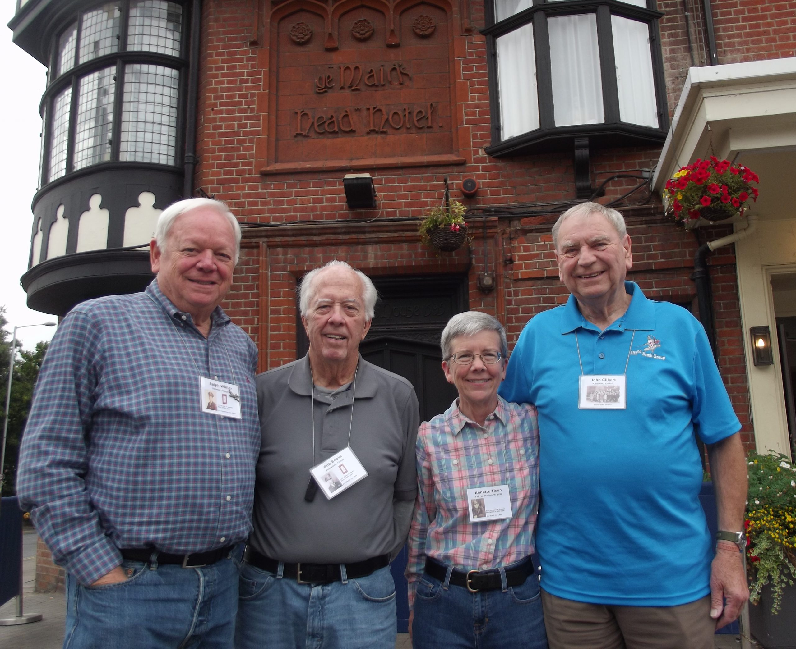 392nd Bomb Group Association officers outside the Maids Head Hotel, left to right: Ralph Winter Vice President, Bob Books President, Annette Tison Secretary and John Gilbert UK representative.