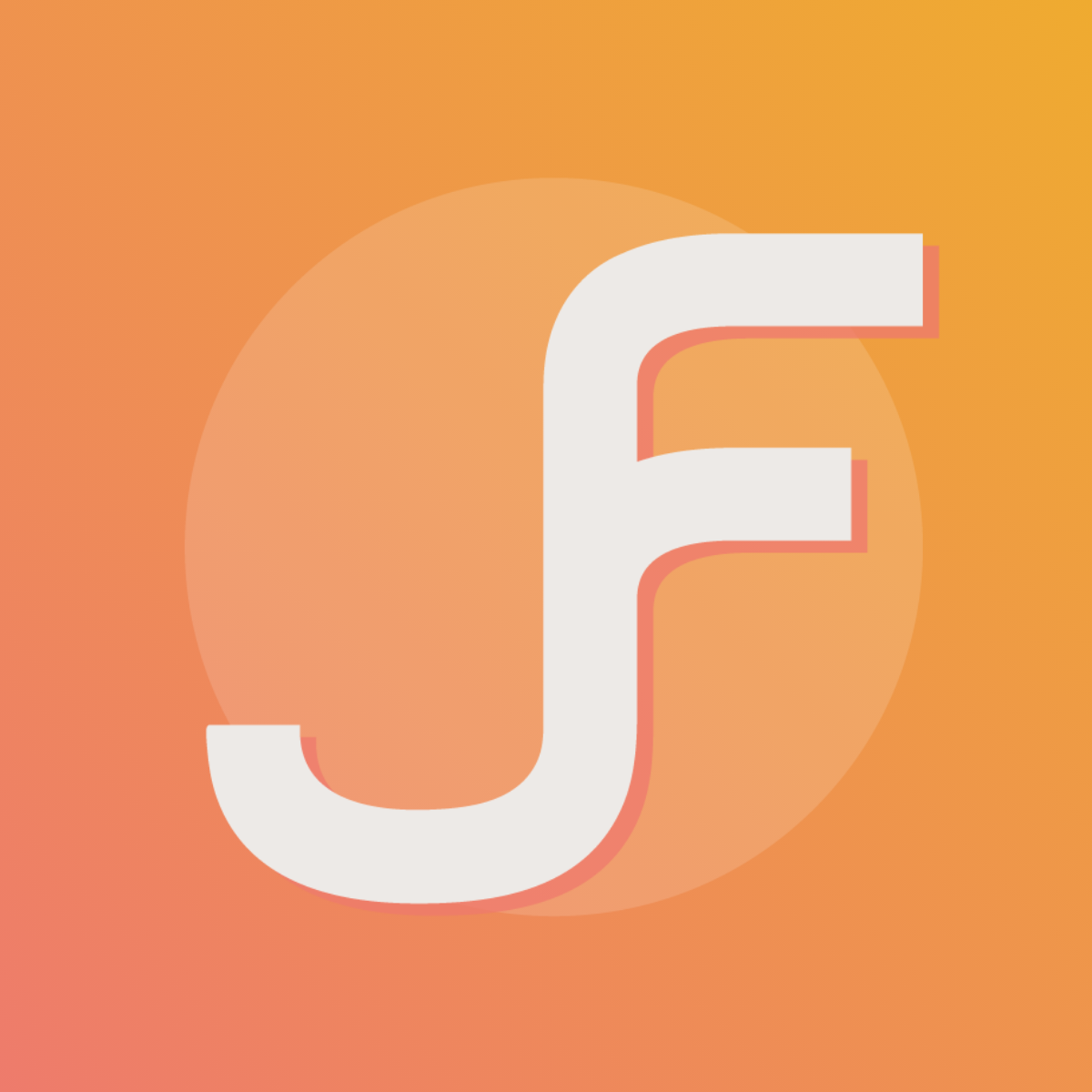 White JF lettering on a pink orange background