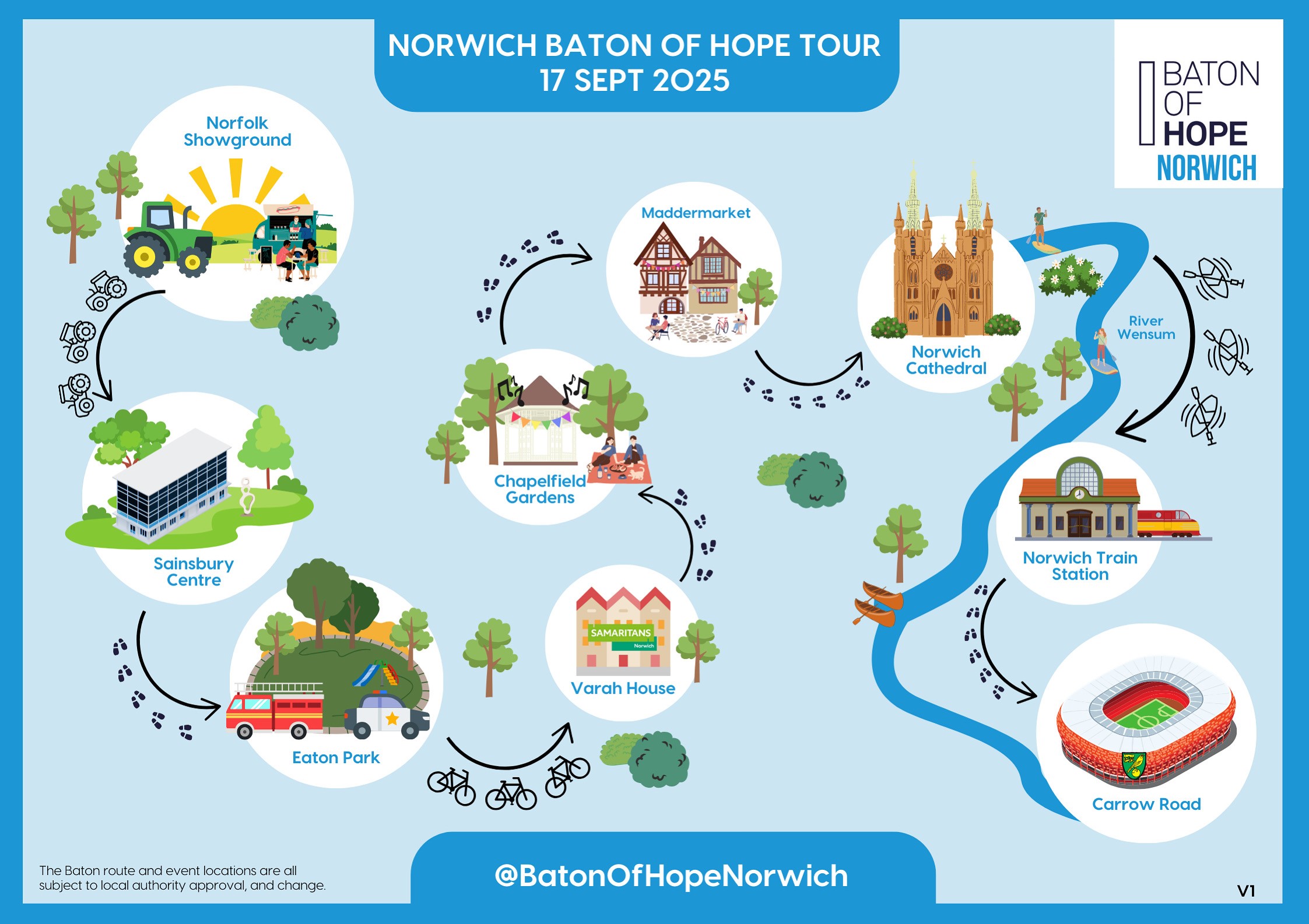Map of proposed route of Bato of Hope Norwich Tour