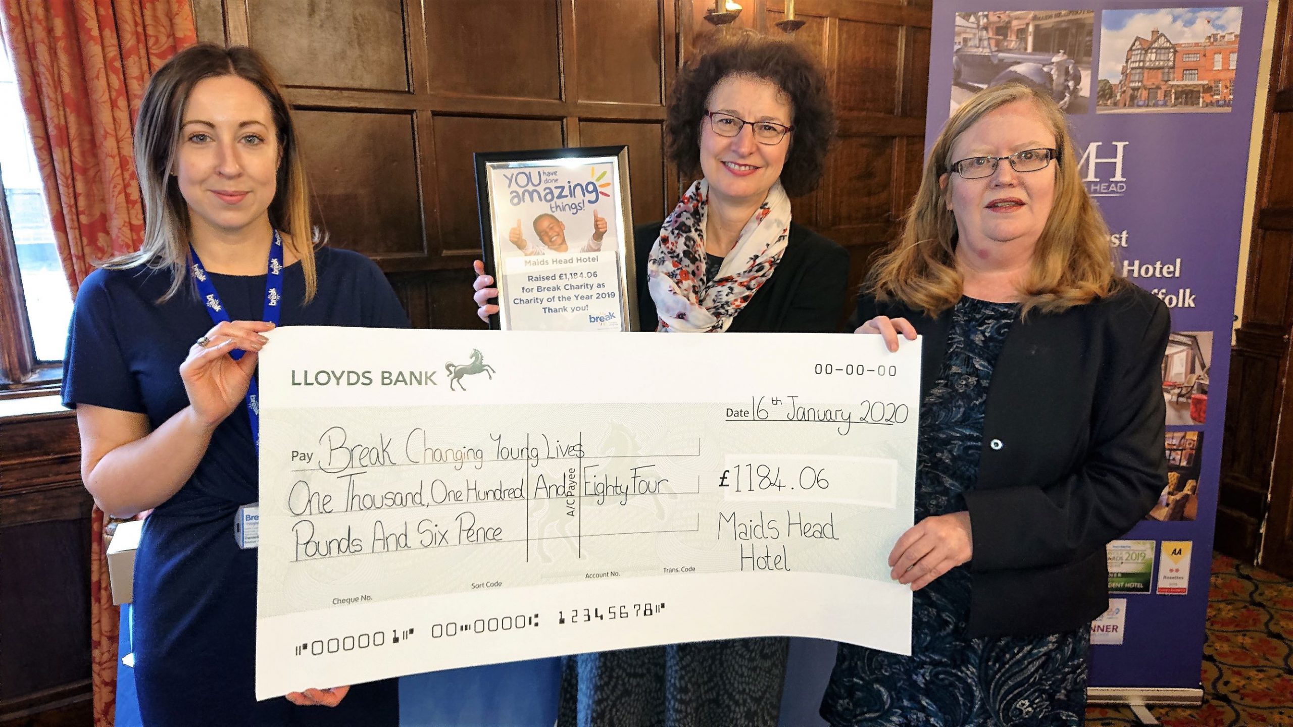 Maids Head Cheque Presentation to Break, left to right: Danielle Gravestock, Senior Fundraising Officer Break, Georgina Postlethwaite, Sales Manager Maids Head and Christine Malcolm, General Manager, Maids Head