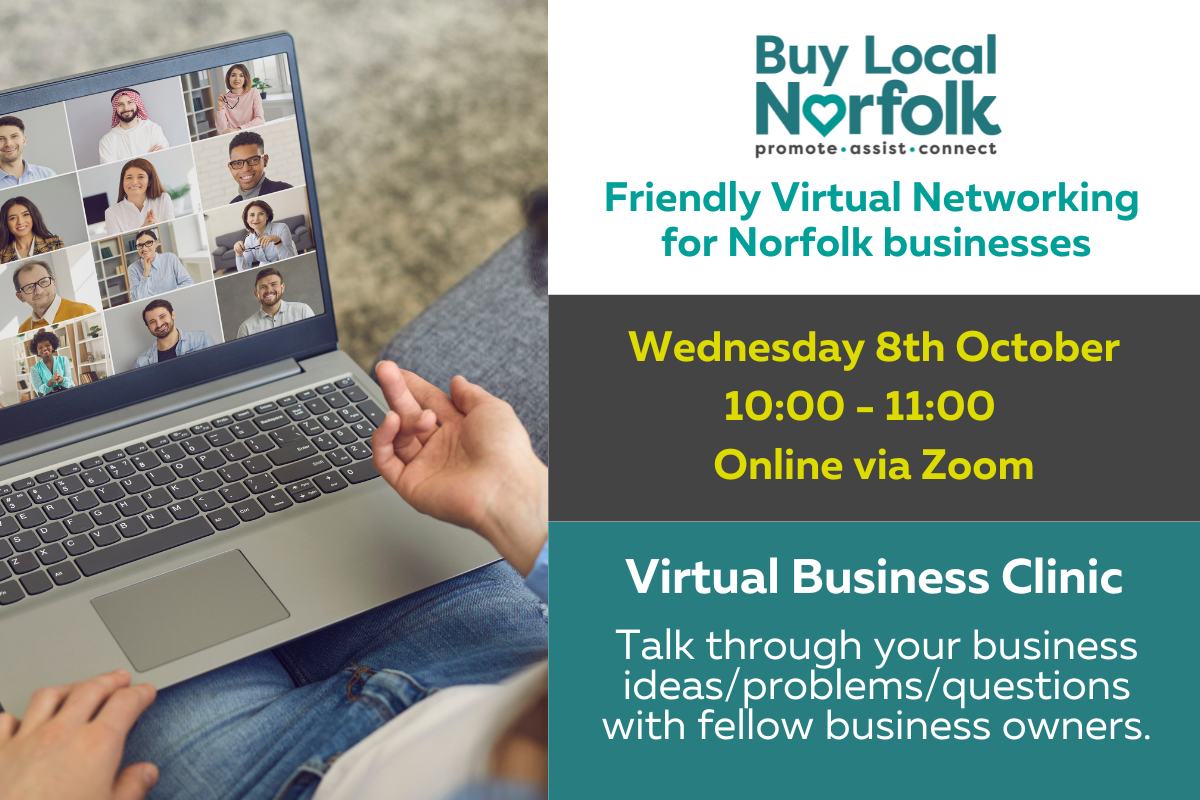 Buy Local Norfolk branding with photograph of laptop open showing a number of people in an online meeting, image includes event details