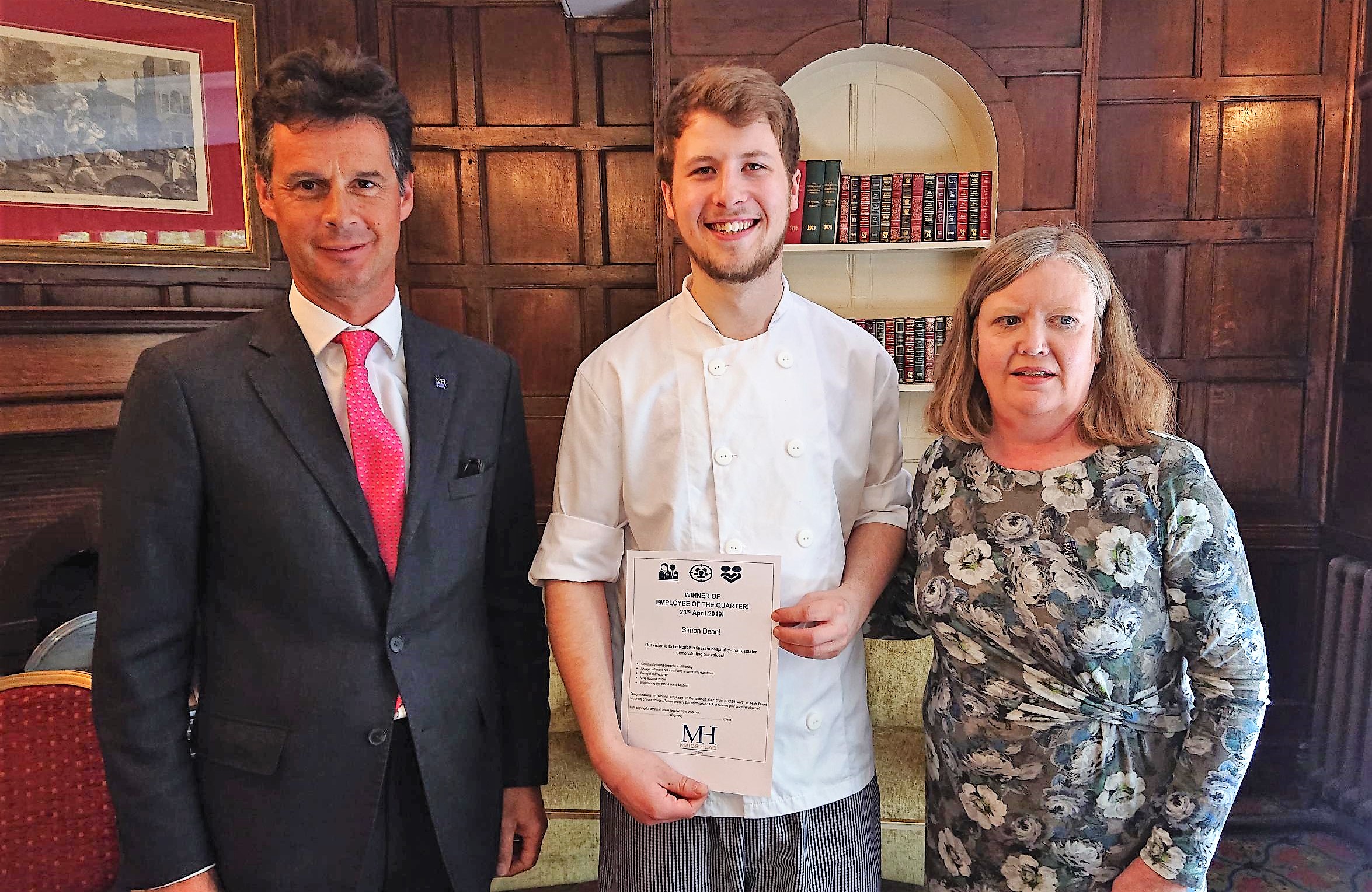 Simon Dean, Employee of the Quarter with Maids Head Chairman, David Chaplin and General Manager, Christine Malcolm