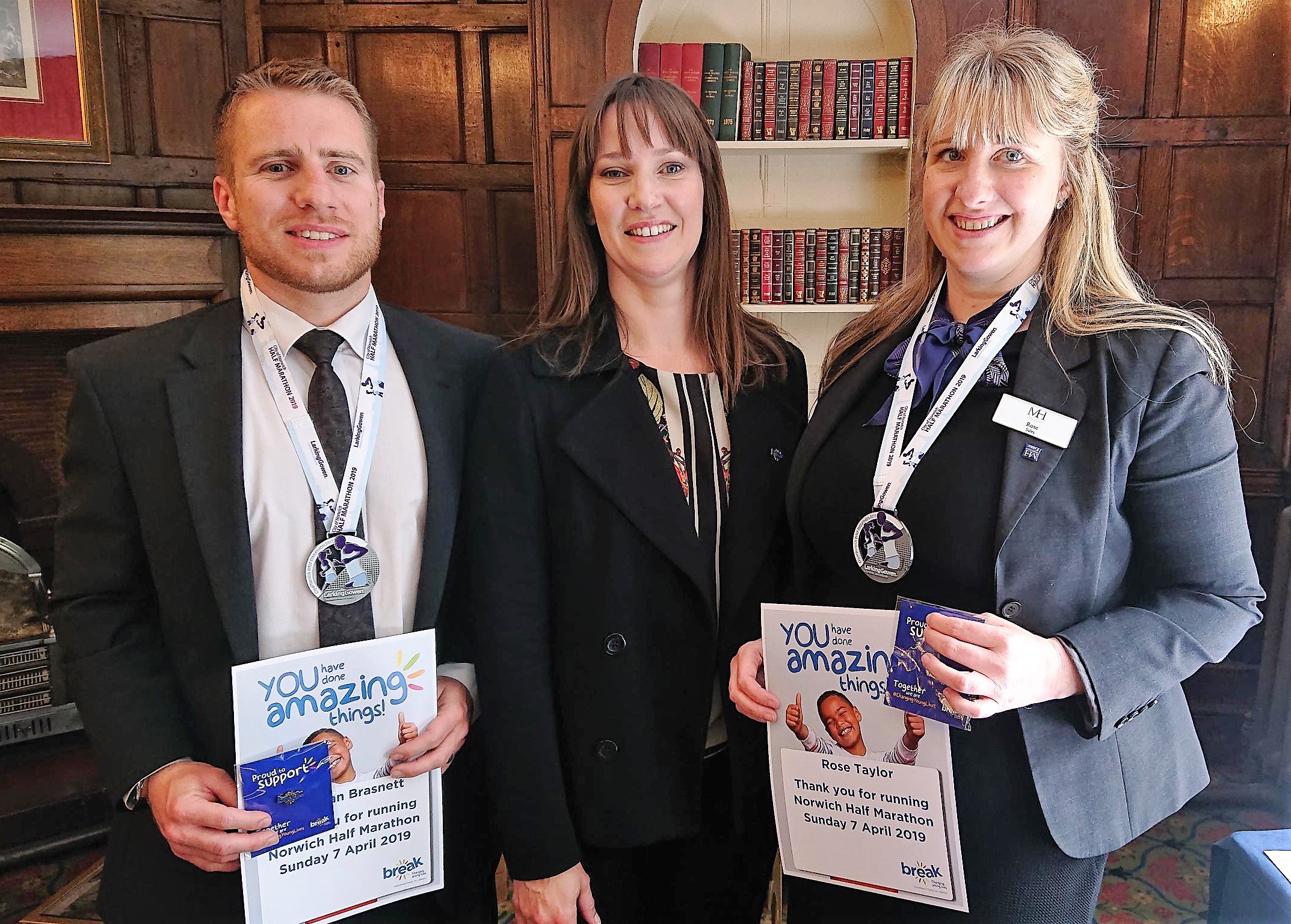 Half Marathon Runners Jonathan Brasnett and Rose Taylor with Sarah Bunn (centre) from Brea