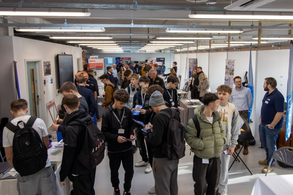 Students attending the Bright Futures Live event in the Construction Skills Hub at City College Norwich.
