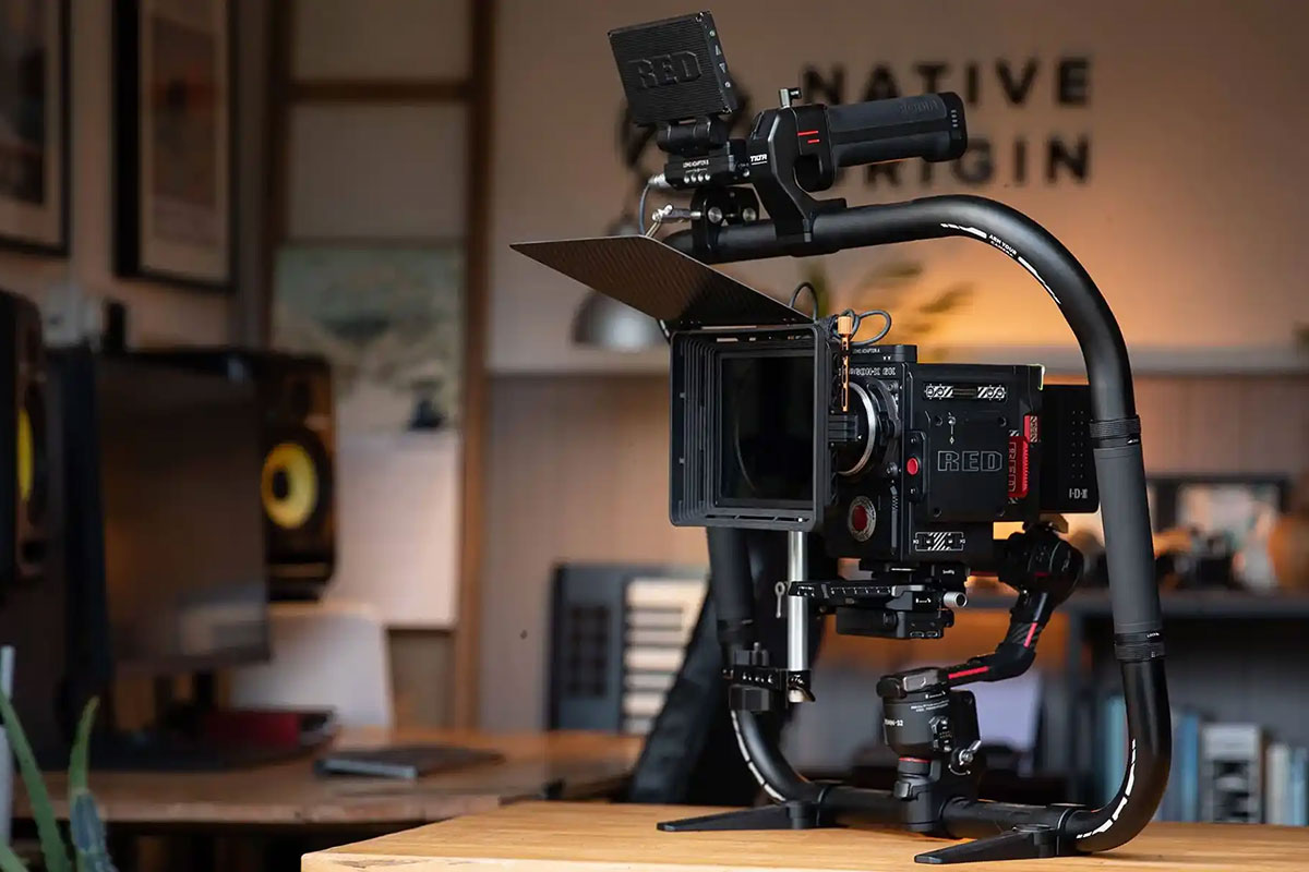 Professional video production setup — RED camera on gimbal in studio, used for commercial filming in Norwich by MADE BY WOODSMOKE.