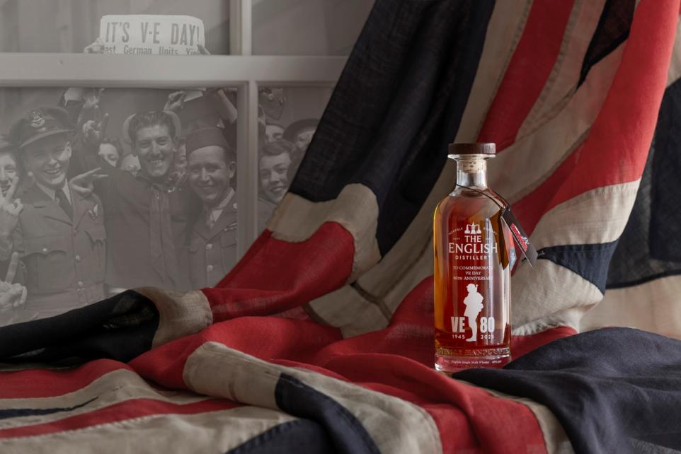 VE Day Bottle, with the backdrop of a Union Flag