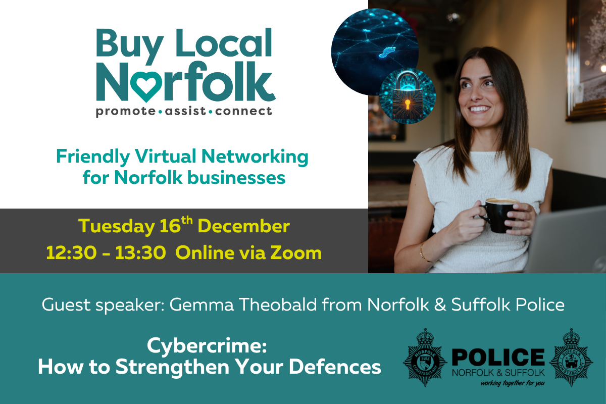 Buy Local Norfolk branding with text confirming details of the virtual event, alongside an image of guest speaker Gemma Theobald holding a cup of coffee in front of a laptop