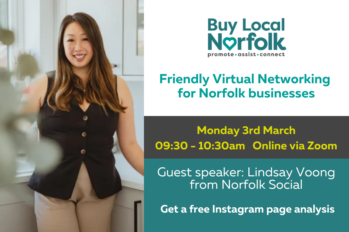 PD for #Accessibility: To the left, a picture of Lindsay Voong, a young lady with dark brown hair. Lindsay is wearing a black waistcoat and beige trousers.. She is standing in the kitchen with soft, blurred leaves to her left hand side. On the right is the BLN logo. Advertising 3rd March Virtual networking starting at 9.30am with Lynsday as the guest speaker offering an Insta page analysis.