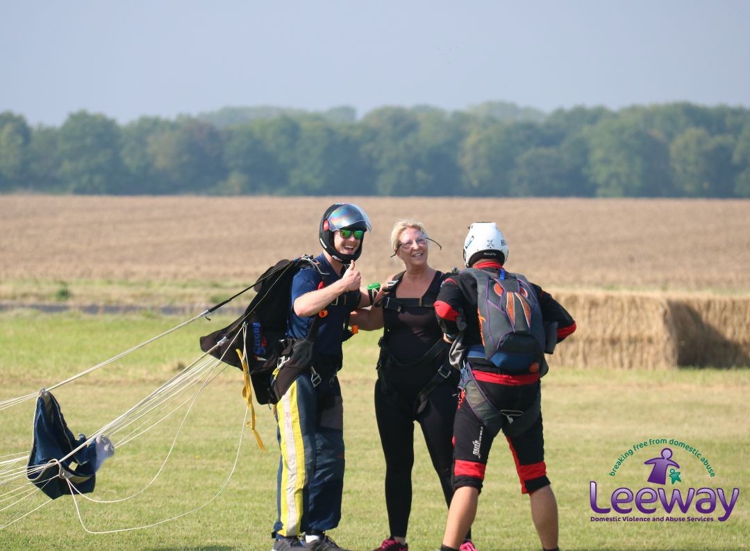 A Leeway supporter gives the thumbs up after completing our 2024 Skydive